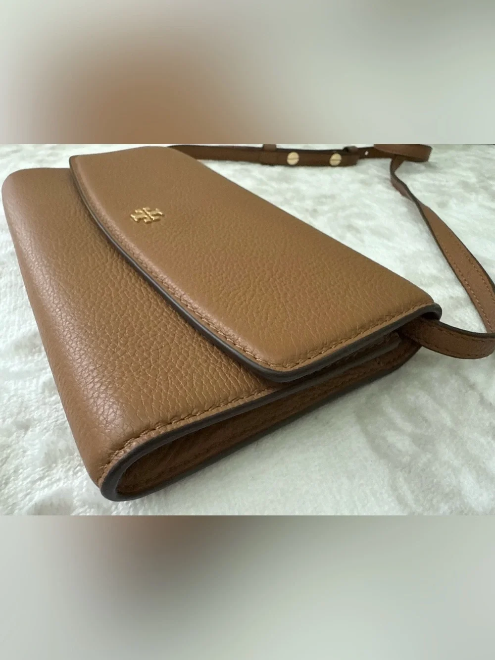 Tory Burch Tan Leather Small Crossbody Bag Wallet with Gold Logo
